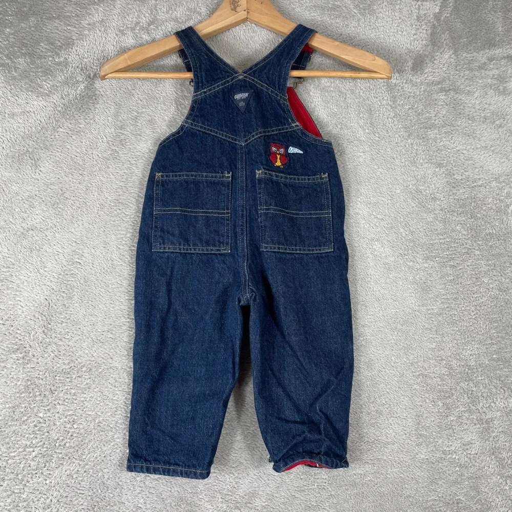 Vintage OshKosh Denim Overalls Kids 12 Months Blue Football‎ Owl Jersey Lined